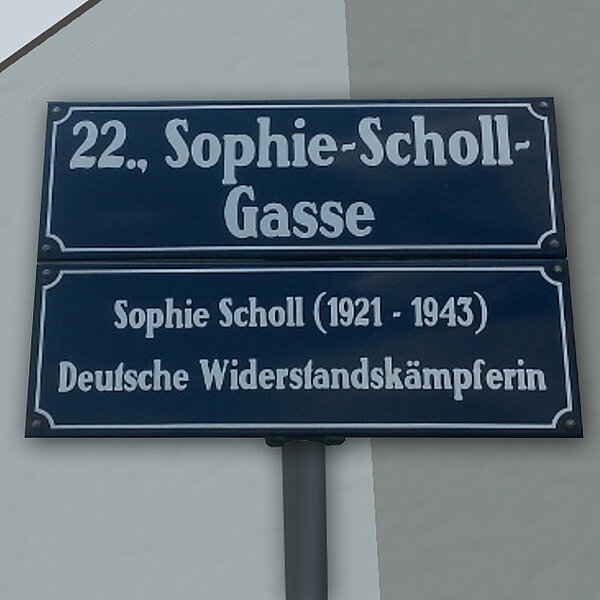 Straßenschild der Sophie-Scholl-Gasse im 22. Wiener Gemeindebezirk