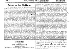 Frauen an der Wahlurne; aus: Arbeiterinnen-Zeitung, 22. Jg., Nr. 2, 21. Jänner 1913, Seite 1-2